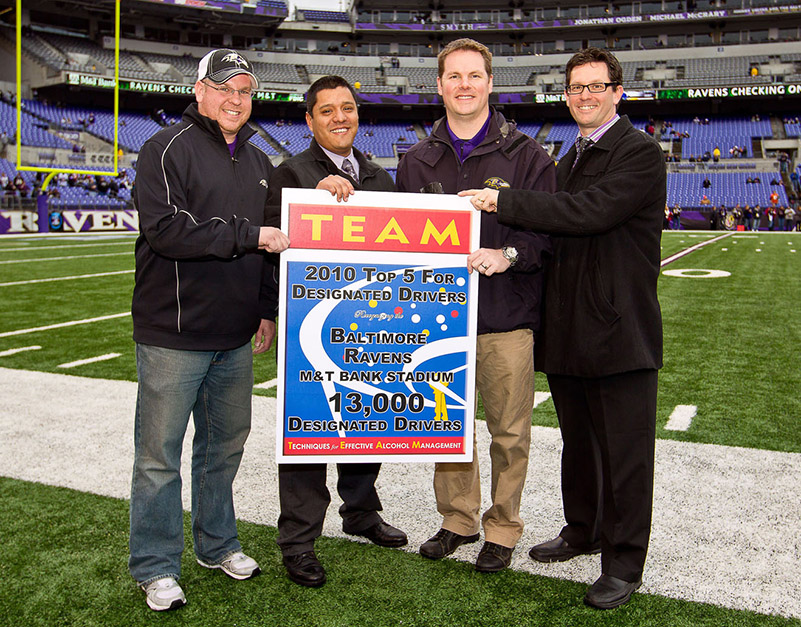 The Baltimore Ravens had a record 13,000 fans pledge to be designated drivers during the 2010 season. They were recognized for their Top 5 Responsibility status at the last regular season home game on January 2, 2011.