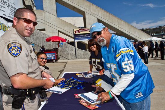 California Highway Patrol officers encourage San Diego Chargers fans to be designated drivers at Qualcomm Stadium