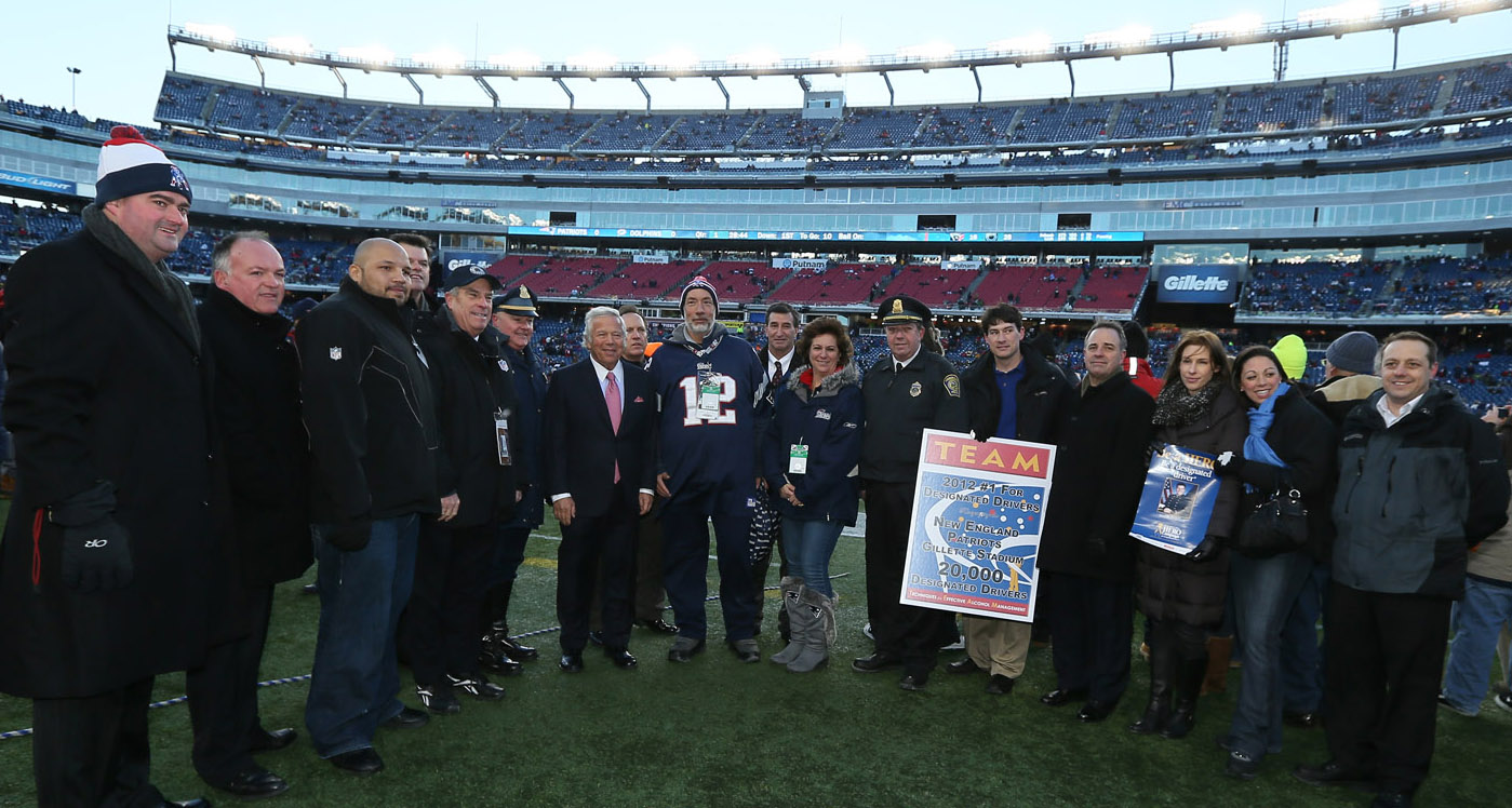 The New England Patriots had a league-leading 21,896 fans pledge to be designated drivers during the 2012 season. The Patriots were recognized as the top NFL team for Designated Driverss at the last regular season home game on December 30, 2012.